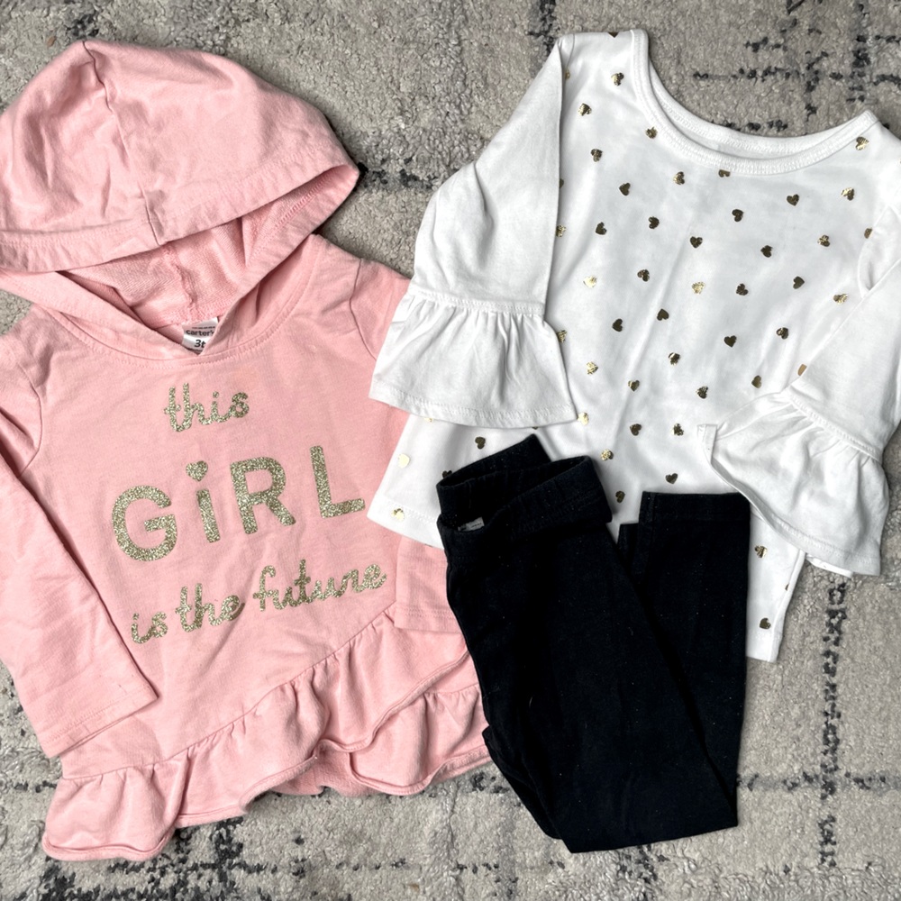 Matching Set: Girls Pink Graphic Hoodie, 3/4 Sleeve Shirt with sparkle leggings